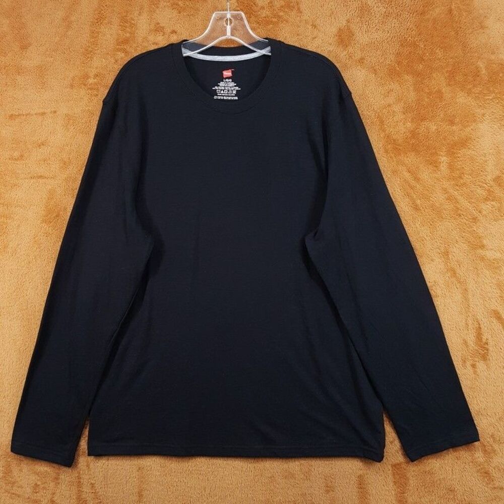 HANES Shirt Mens Large Black Pullover Crew Long Sleeve T-Shirt Tee